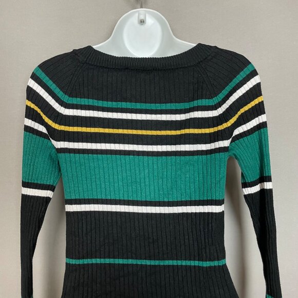 Express Ribbed Sweater Stripes Fitted Women Size Medium Teal Black Rayon Nylon - Picture 6 of 12